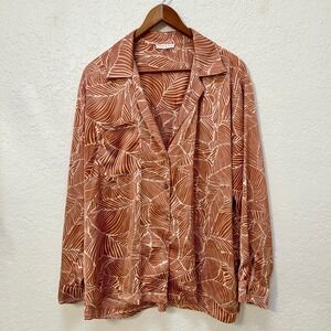 Blush & Day Womens Satin Terracotta Palm Leaf Print Button Down Shirt 1X/2X